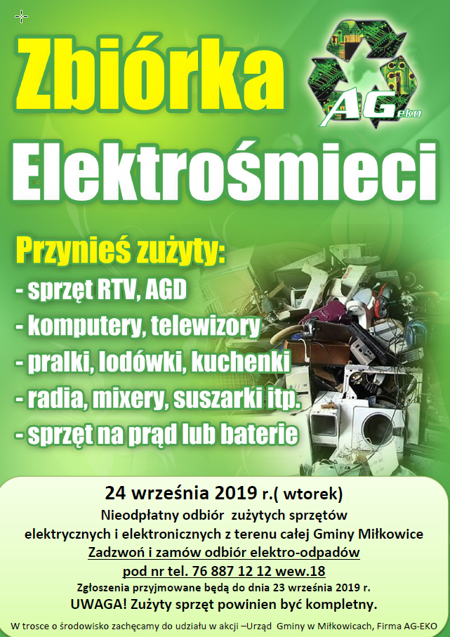 Obraz przedstawia plakat informacyjny o zbiórce elektrośmieci, 24 września 